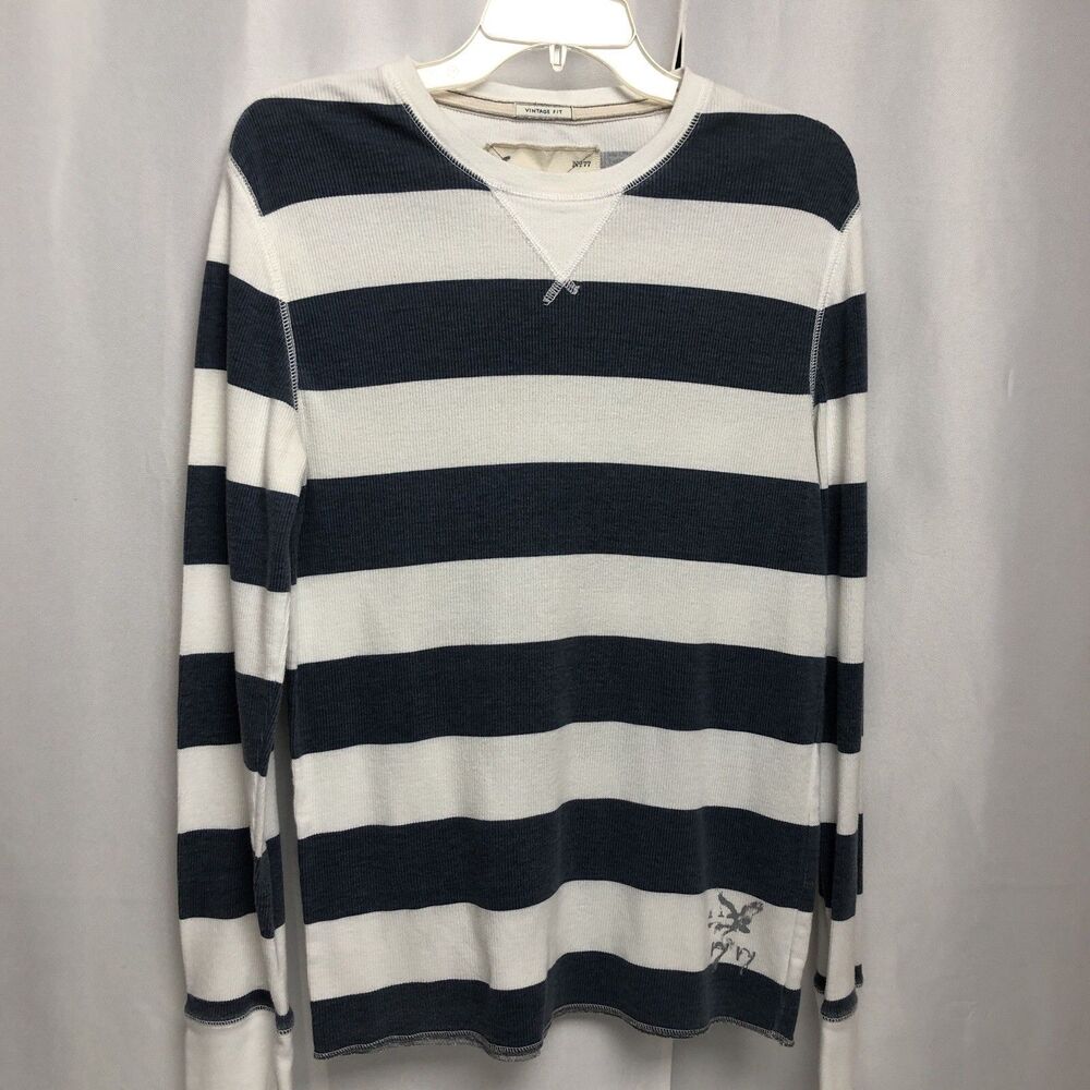 American Eagle Vintage Fit Thermal Long Sleeve Shirt Blue Striped Large Skater